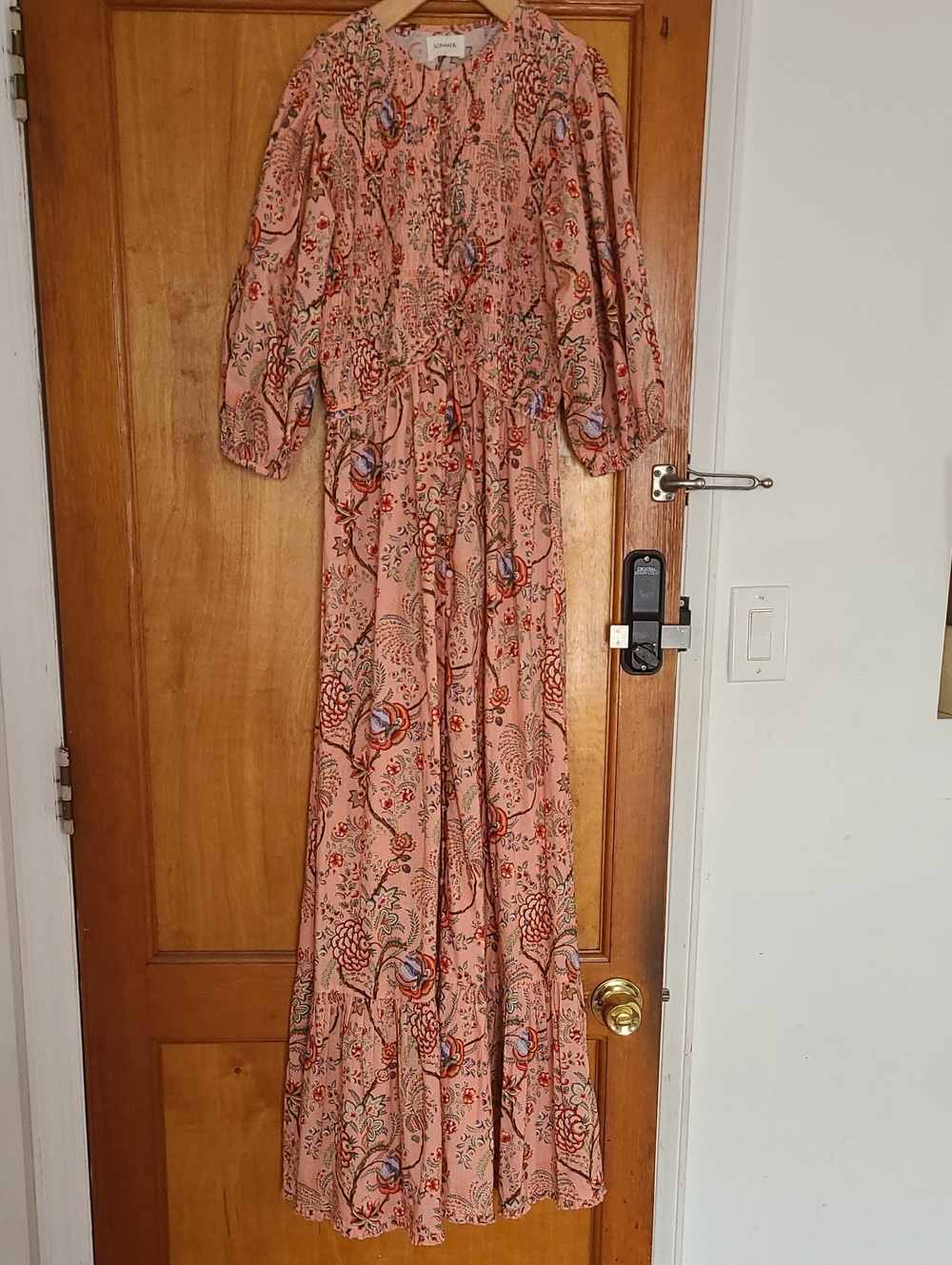 Sonmer Magnolia Dress-Pink Floral Buttoned Down Maxi Dress with Ruching